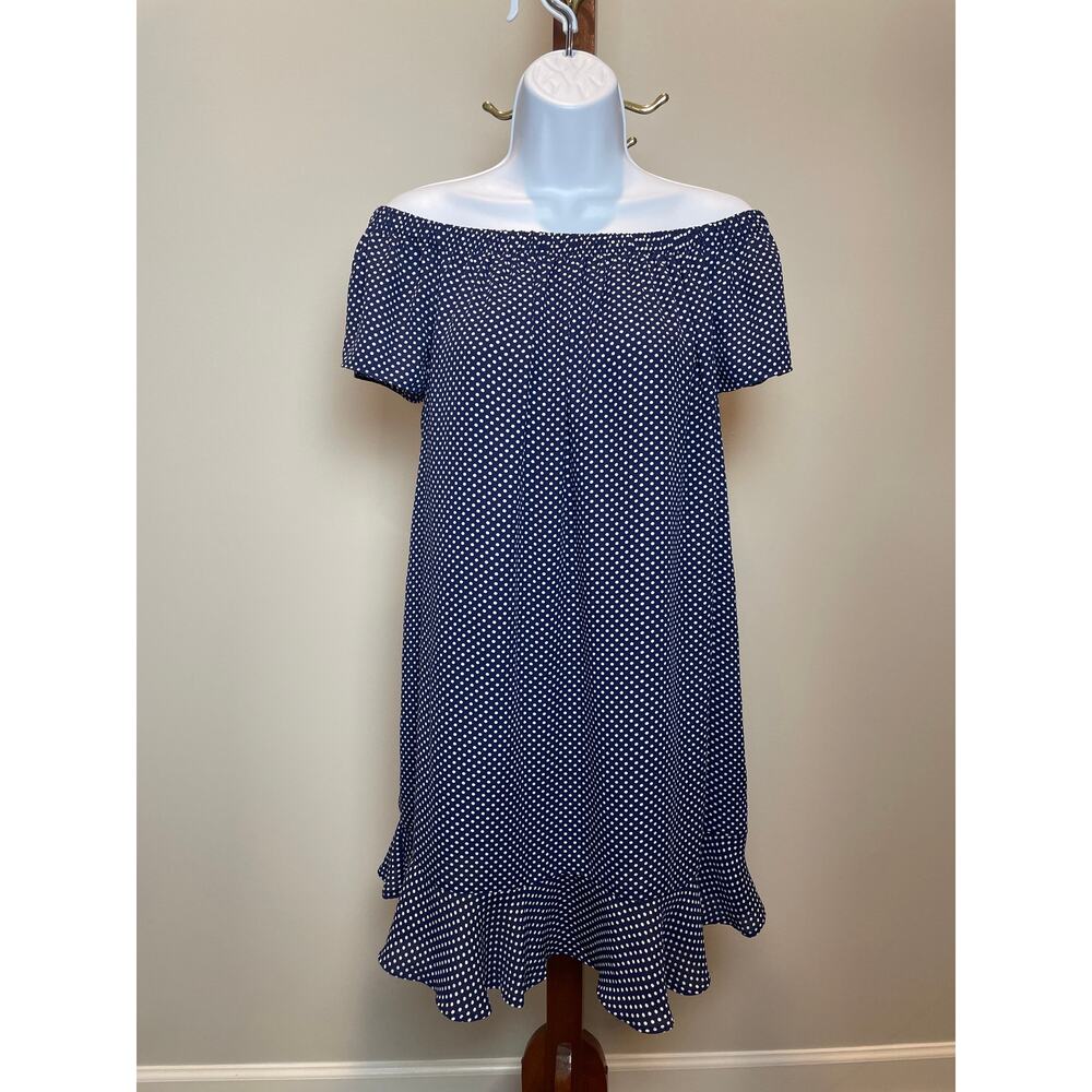 Express Dress Blue White Polka Dot Off The Shoulder Short Sleeve Mini Size M - Picture 3 of 10